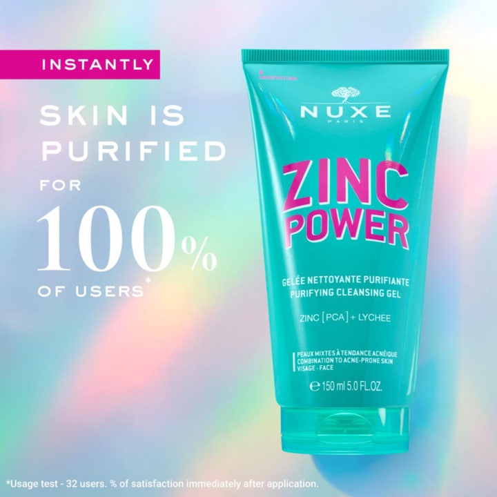 Nuxe Zinc Power Purifying Cleansing Gel 150 ml rengjøringsgel for uren hud i turkis tube omgitt av friske gel-virvler