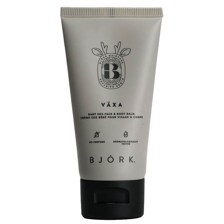 Björk Växa Baby SOS Face & Body Balm beroligende salve i grå tube med sort lokk som pleier sensitiv barnehud.
