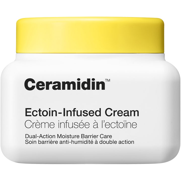 Dr. Jart+ Ceramidin Ectoin-Infused Cream styrkende ansiktskrem i hvit krukke med gult lokk og sort skrift
