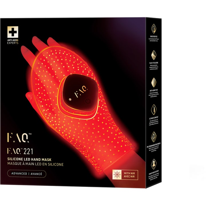 FAQ Swiss FAQ 221 LED Hand Mask 1 stk anti-aging i sort eske som viser en rødglødende silikonmaske med NIR-lys.