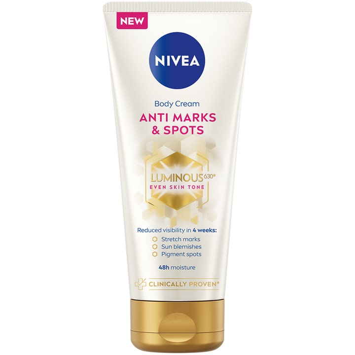 Nivea Luminous 630 Anti Marks & Spots Body Cream reduserer strekkmerker og pigmentflekker i hvit tube med gullokk.