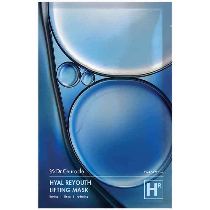Dr.Ceuracle Hyal Reyouth Lifting Mask 23 ml fuktighetsgivende ansiktsmaske med blått design av vannbobler.