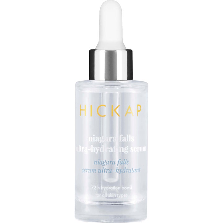 Hickap Niagara Falls Ultra-Hydrating Serum fuktgivende ansiktsserum i klar glassflaske med sølvkork og hvit pipette.