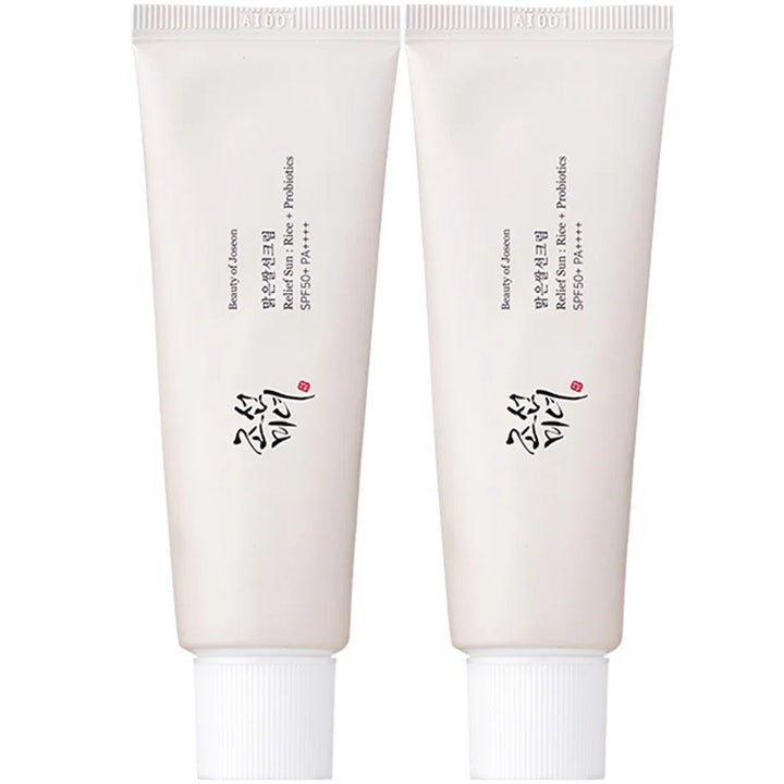 Beauty of Joseon Relief Sun Rice + Probiotics 2-pack solkrem i hvite tuber som beskytter og beroliger huden.