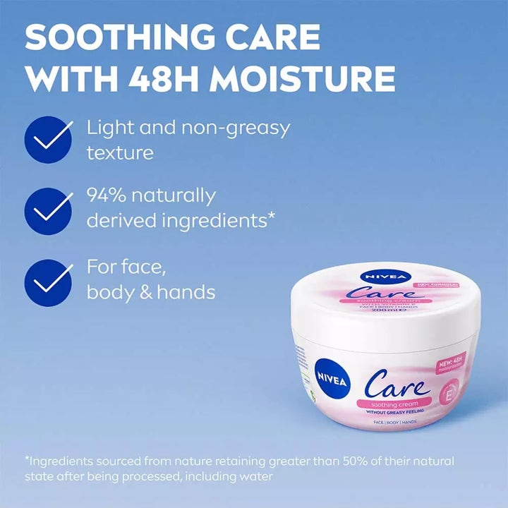 NIVEA Care Soothing Cream 200 ml beroligende krem i hvit krukke som gir 48h fukt med en lett tekstur uten å klistre