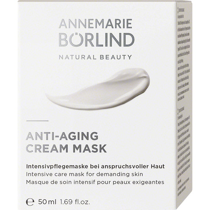 Annemarie Börlind Anti-Aging Cream Mask 50 ml ansiktsmaske gir intensiv pleie i hvit eske med kremet tekstursvatch.