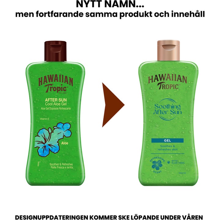 Hawaiian Tropic After Sun Cooling Aloe Gel 200 ml kjølende gel som viser gammelt og nytt flaskedesign med aloe vera.