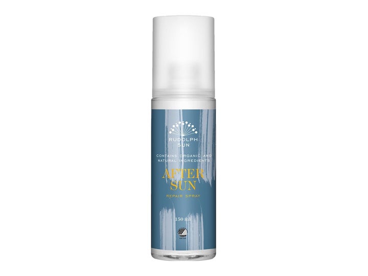 Rudolph Sun After Sun Repair Spray 150 ml beroligende spray i hvit og blå flaske med frostet kork.