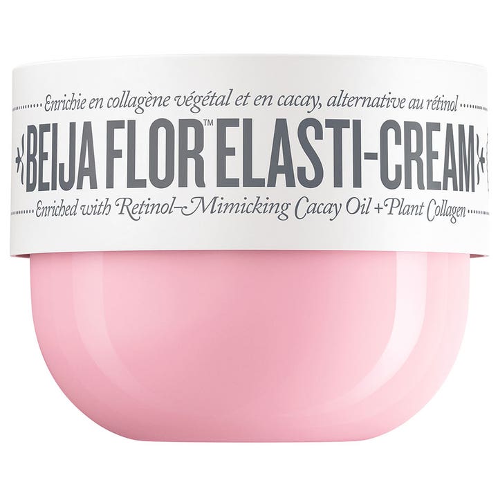Sol de Janeiro Beija Flor Elasti-Cream oppstrammende kroppskrem i en rund rosa krukke med hvit etikett.