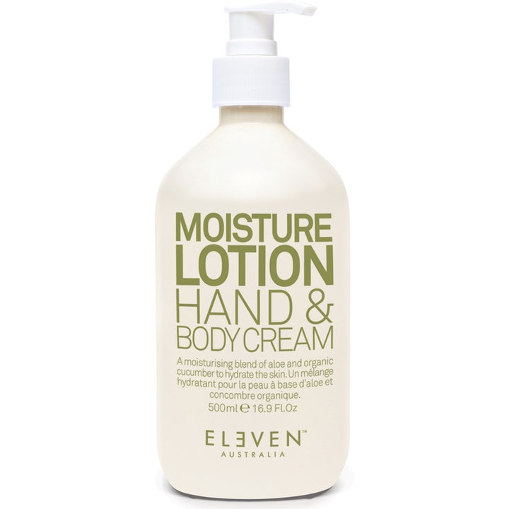 Eleven Australia Moisture Lotion Hand & Body Cream 500ml fuktighetsgivende krem i hvit flaske med hvit pumpe og grønn tekst