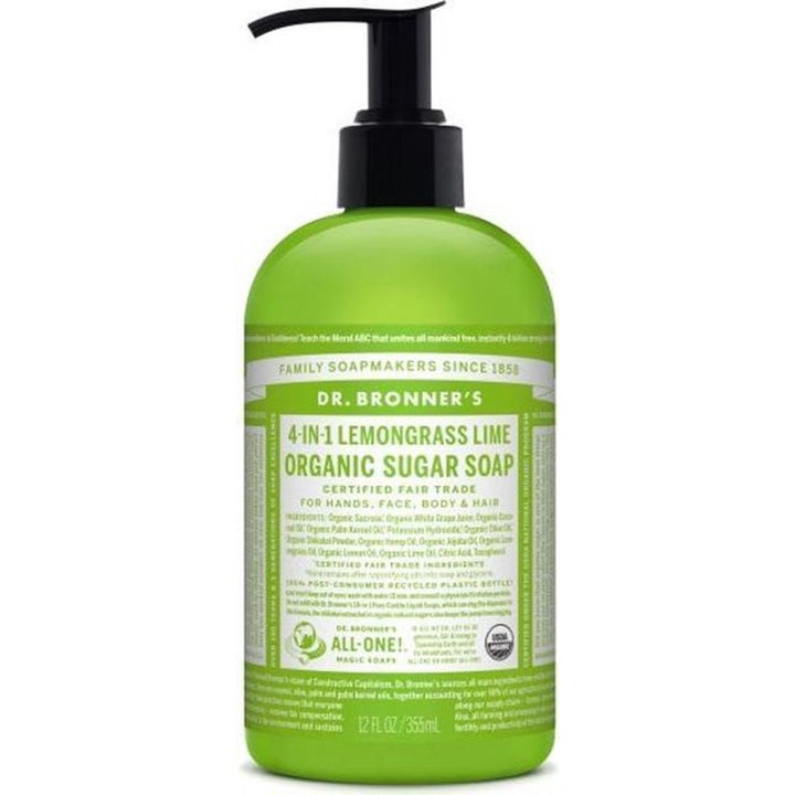 Dr. Bronner's 4-in-1 Lemongrass Lime 355 ml økologisk såpe som pleier huden i en grønn plastflaske med svart pumpe