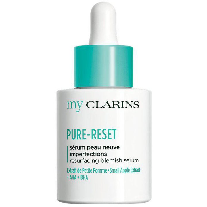 My Clarins Pure-Reset Resurfacing Blemish Serum mot urenheter i hvit flaske med turkis detalj og pipette.