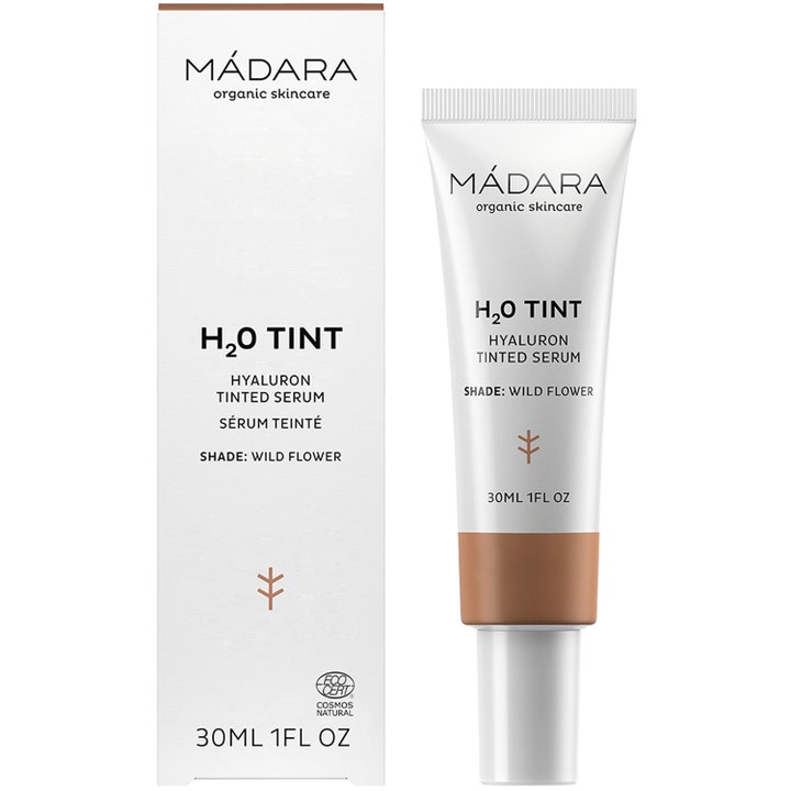 MÁDARA H2O Tint Hyaluron Tinted Serum 30 ml fuktighetsgivende serum i hvit tube og eske farge Wild Flower