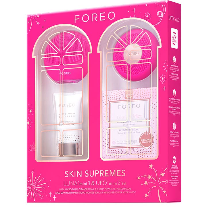 FOREO LUNA Mini 3 &amp; UFO Mini 2 Set Fuchsia hudpleiesett i rosa gaveeske for dyprens og glødende hud