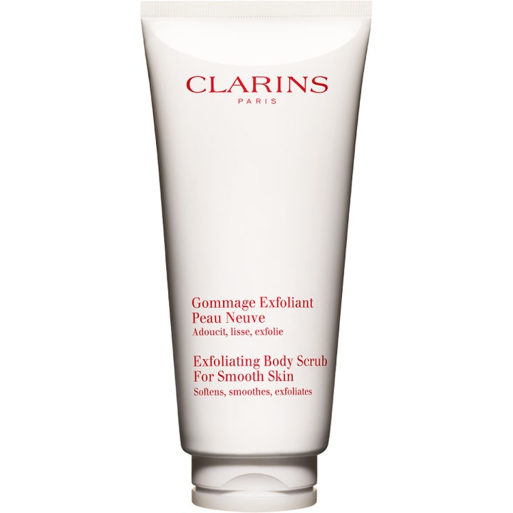 Clarins Exfoliating Body Scrub For Smooth Skin eksfolierende kroppsskrubb i hvit tube som gir myk og glatt hud.