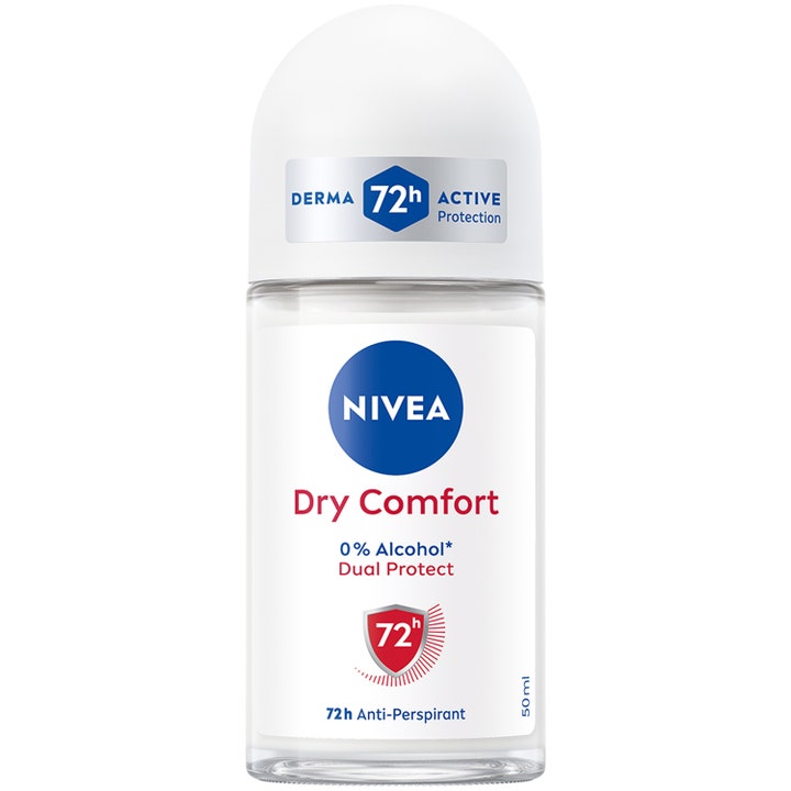 Nivea Dry Comfort 50 ml antiperspirant gir 72 timers beskyttelse i en klar glassflaske med hvit kork og blå logo.