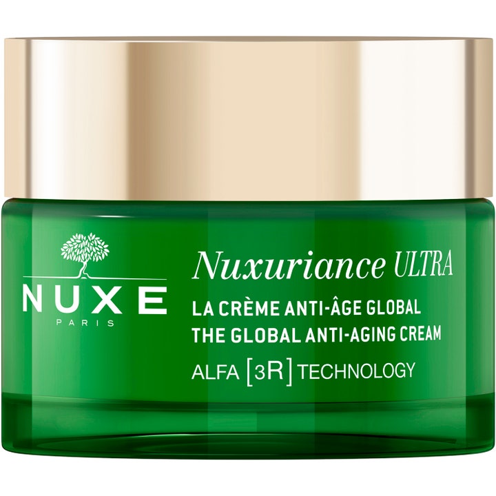 Nuxe Nuxuriance Ultra The Global Anti-Aging Cream fornyende ansiktskrem i grønn glasskrukke med gullfarget lokk