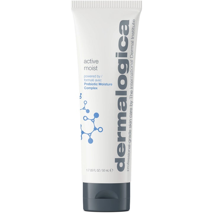 Dermalogica Active Moist 50 ml fuktighetskrem gir fuktbalanse i en hvit tube med grått lokk og blått molekyldesign.