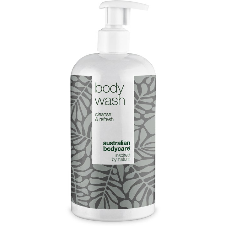 Australian Bodycare Body Wash 500ml rensende kroppssåpe i hvit pumpeflaske med grått bladmotiv