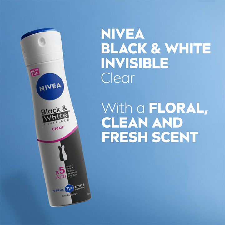 NIVEA Black & White Invisible Clear 150 ml antiperspirant spray gir 72 timers beskyttelse og har en frisk blomsterduft