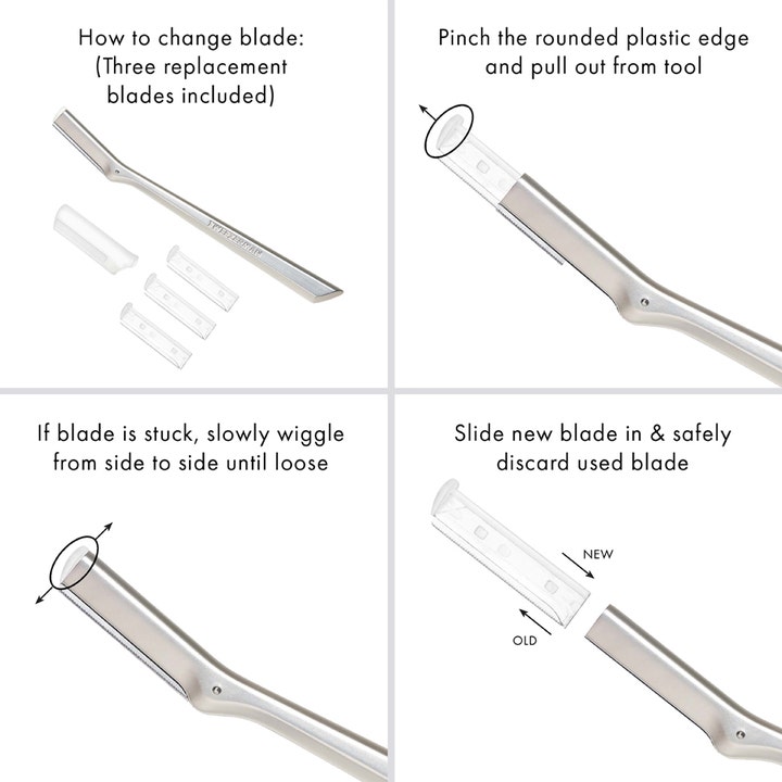Tweezerman Facial Razor med 3 reserveblader for ansiktshårfjerning viser instruksjoner for bytte av blad.