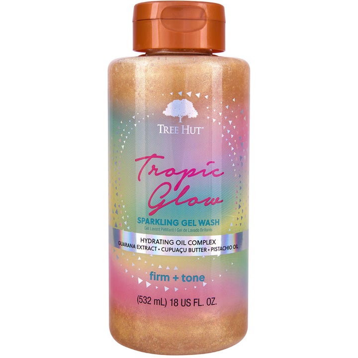 Tree Hut Tropic Glow Sparkling Gel Wash 532 ml oppstrammende kroppssåpe med gullglitrende gel og bronsefarget kork