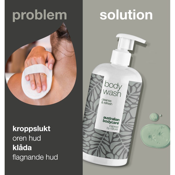 Australian Bodycare Body Wash 500 ml dusjsåpe mot uren hud og kroppslukt med hvit pumpeflaske og grønn gel.