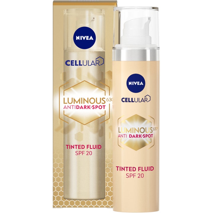 Nivea Cellular Luminous 630 Tinted Fluid SPF 20 farget dagkrem mot pigmentflekker i beige pumpeflaske med gulleske