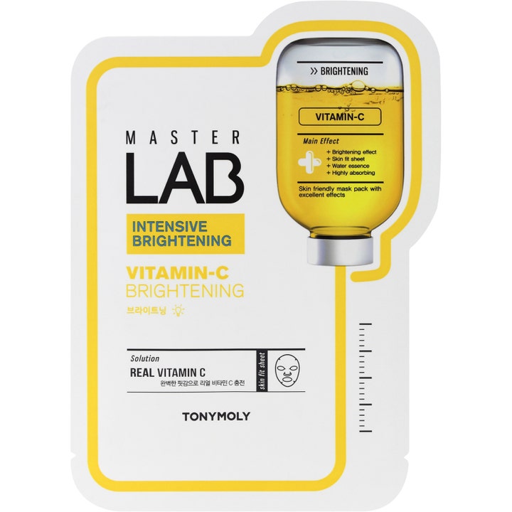 TonyMoly Master Lab Vitamin-C Brightening 19 ml ansiktsmaske som gir glød i hvit og gul innpakning