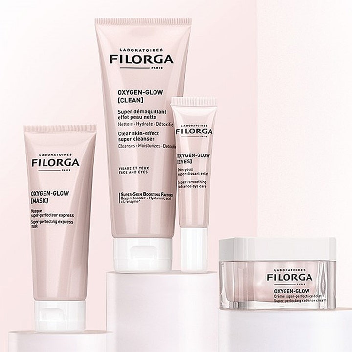 Filorga Oxygen-Glow Cream 50 ml glødgivende ansiktskräm i glasskrukke med matchende ansiktsmaske og rens i rosa tuber