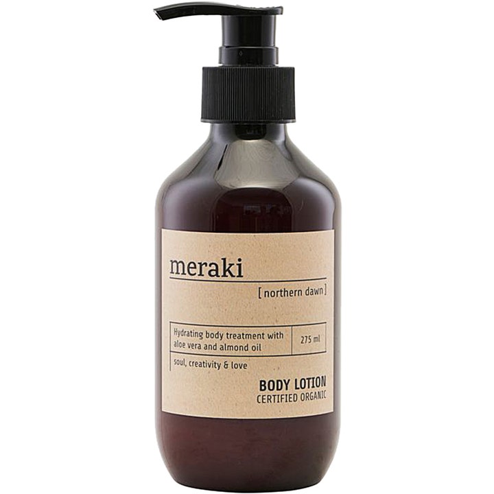 Meraki Northern Dawn Body Lotion 275 ml fuktighetsgivende økologisk kroppspleie i mørkebrun pumpeflaske med beige etikett.