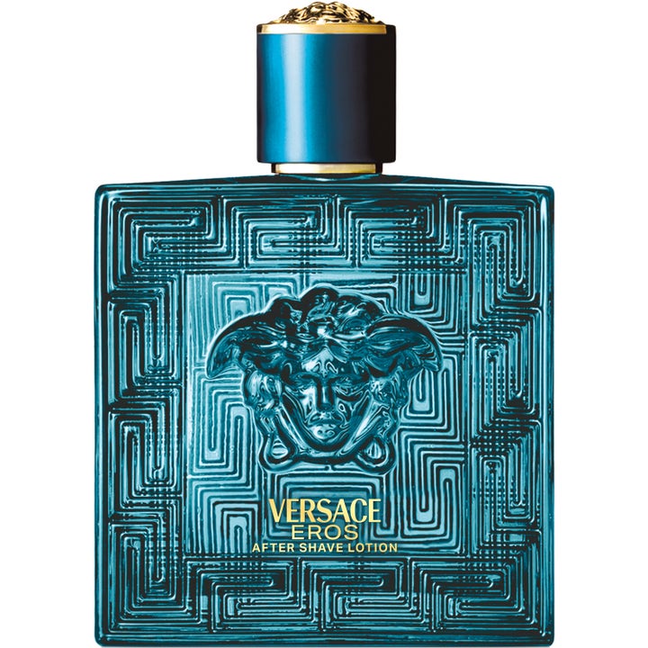 Versace Eros 100 ml after shave lotion som beroliger huden i en turkis glassflaske med gresk mønster og gulldetaljer