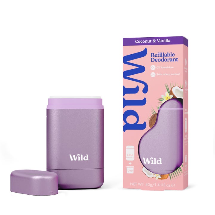 Wild Coconut & Vanilla Refillable Deodorant 40g refillbar aluminiumsfri deodorant i lilla metallhylse og rosa eske.