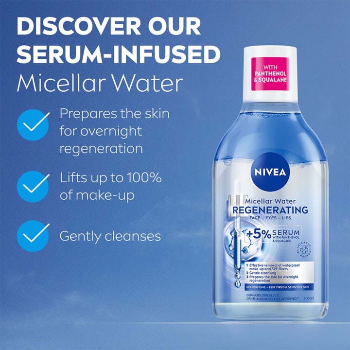 NIVEA Micellar Water Regenerating 400 ml ansiktsrens med 5 % serum og squalane i klar flaske som regenererer huden