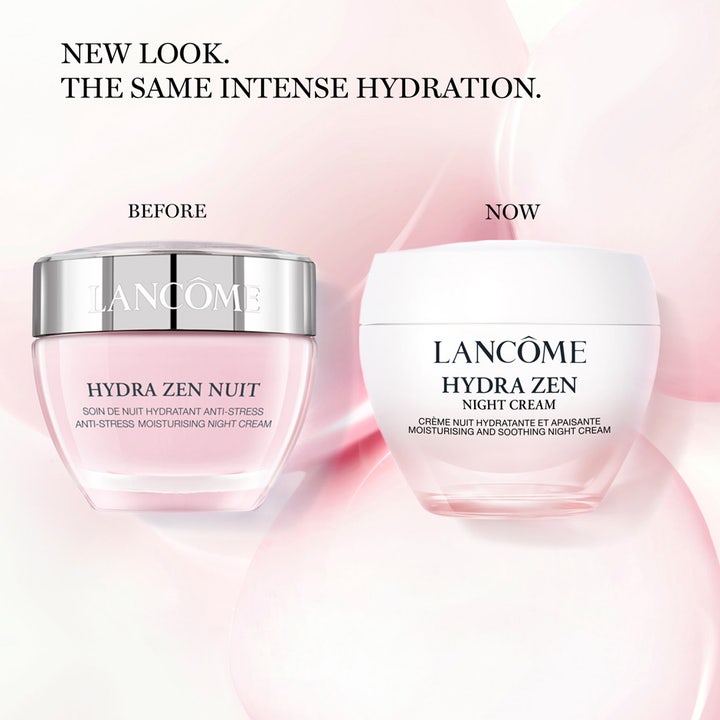 Lancôme Hydra Zen Night Cream 50 ml beroligende nattkrem i ny hvit krukke ved siden av gammelt design