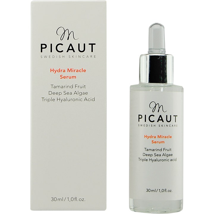M Picaut Swedish Skincare Hydra Miracle Serum 30 ml fuktserum med Triple Hyaluronic Acid i glassflaske og hvit eske.