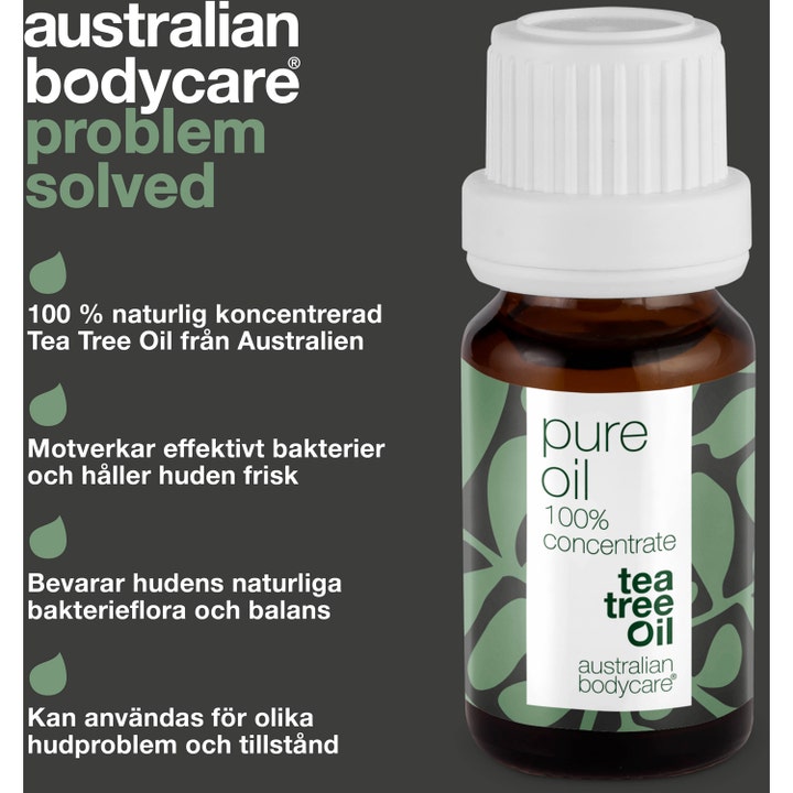 Australian Bodycare Pure Oil 10 ml Tea Tree Oil ansiktsolje motvirker bakterier i brun glassflaske med hvitt lokk.