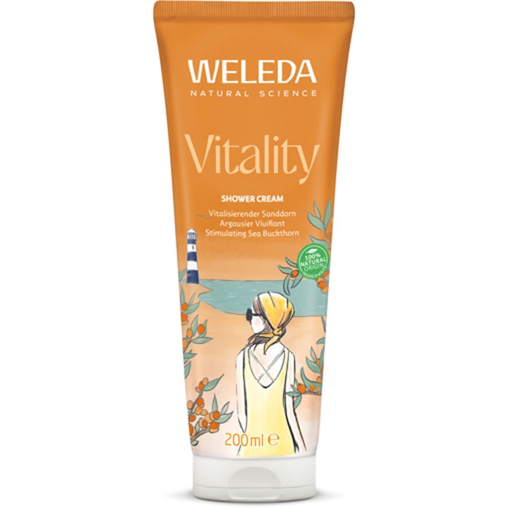 Weleda Vitality Creamy Body Wash 200 ml vitaliserende dusjkrem i oransje tube med illustrasjon av tindvedbær