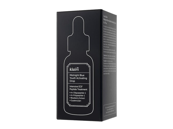 Klairs Midnight Blue Youth Activating Drop 20 ml reparerende serum i svart eske med hvit flaskeillustrasjon
