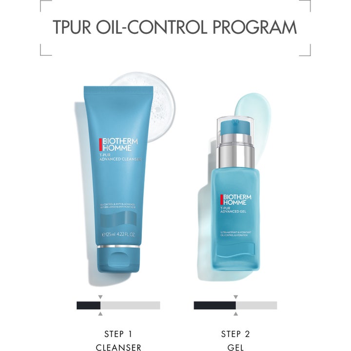 Biotherm Homme T-Pur Cleanser 125 ml ansiktsrengjøring mot blank hud i blå tube sammen med lotion og gel
