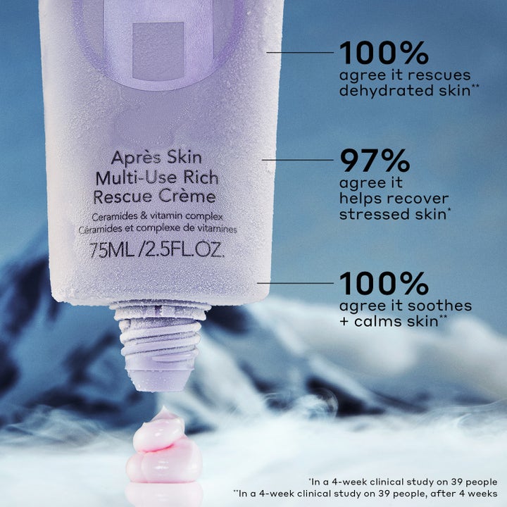 Ole Henriksen Strength Aprés-Skin 75 ml fuktighetskrem beroliger tørr hud vist på frostet tube med kliniske resultater