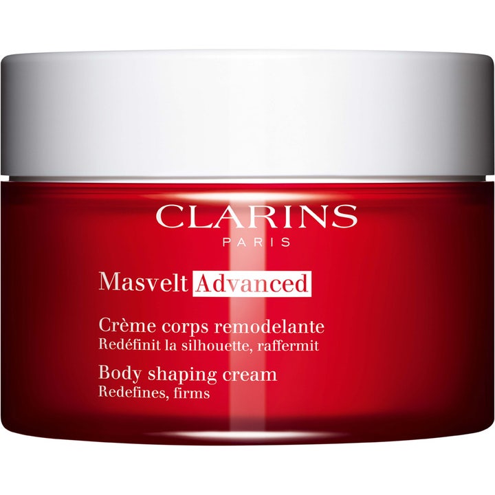 Clarins Masvelt Advanced 200ml oppstrammende kroppskrem i rød krukke med hvitt lokk som definerer silhuetten