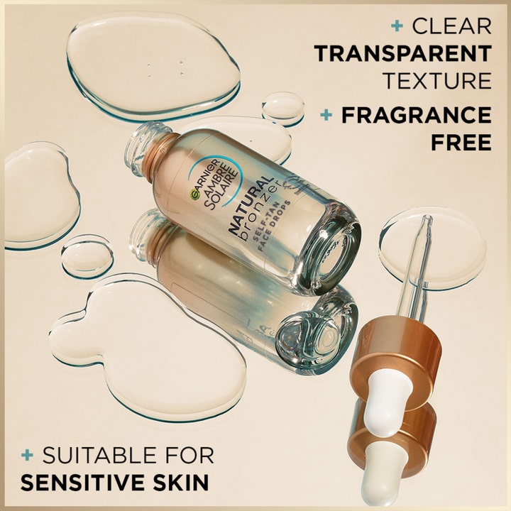 Garnier Ambre Solaire Natural Bronzer 30 ml selvbruning for ansikt med parfymefri transparent tekstur for sensitiv hud