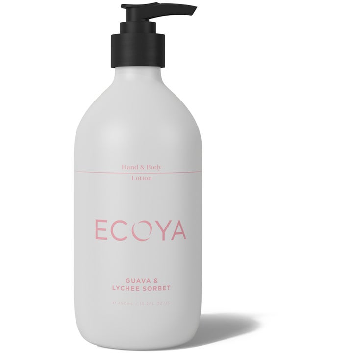 Ecoya Hand & Body Lotion Guava & Lychee Sorbet 450ml fuktighetsgivende lotion i hvit flaske med sort pumpe og rosa tekst