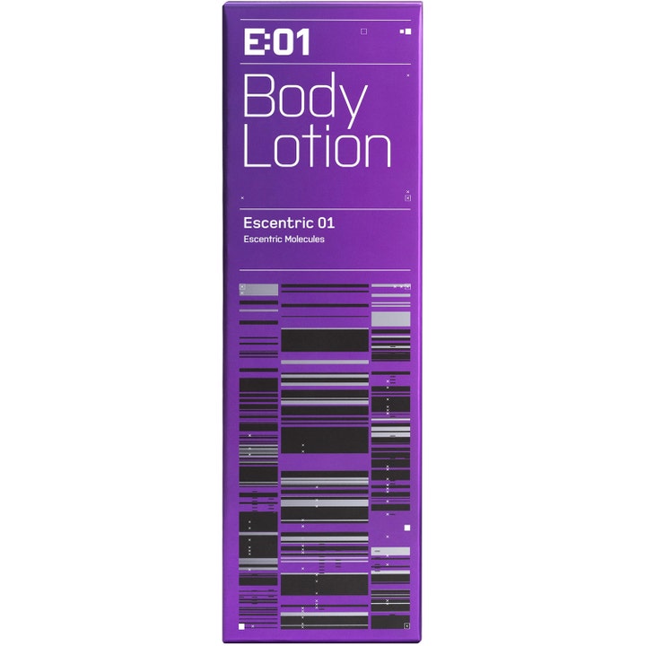 Escentric Molecules Escentric 01 Body Lotion 200 ml fuktighetsgivende krem i lilla eske med grafisk mønster