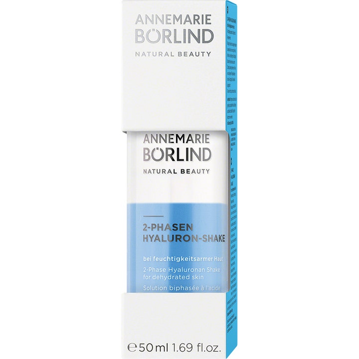 Annemarie Börlind 2-Phase Hyaluron-Shake 50 ml fuktighetsserum i hvit og blå eske for tørr hud