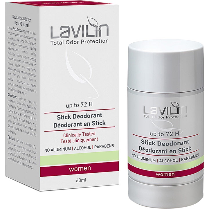 Lavilin Stick Deodorant 60ml nøytraliserer lukt i hvit deodorantstick og eske med røde og grønne detaljer.