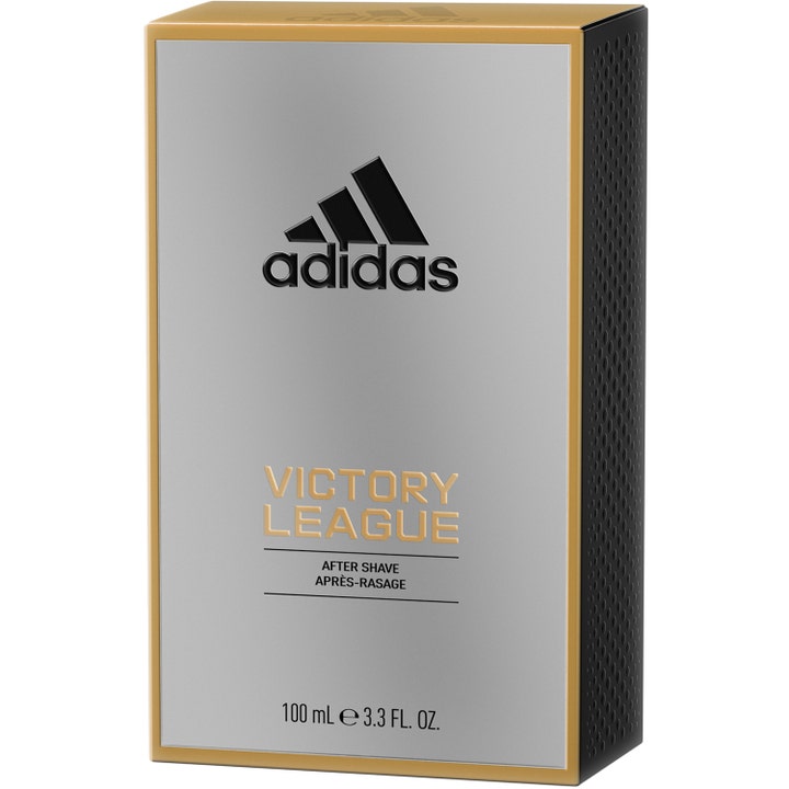 Adidas Victory League 100 ml after shave i en sølvfarget eske med gulldetaljer og svart logo.