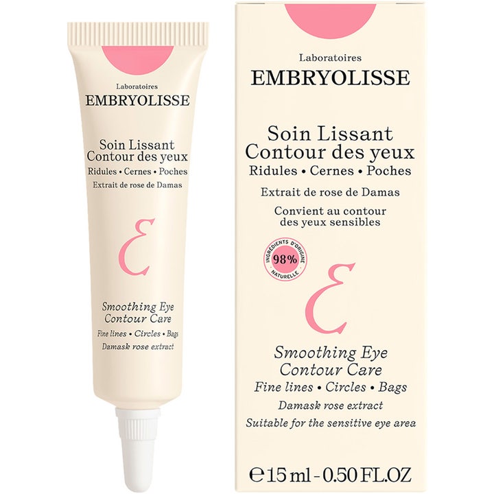 Embryolisse Smoothing Eye Contour Care 15 ml utjevnende øyekrem i hvit tube og eske med rosa detaljer