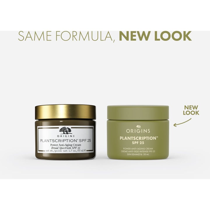 Origins Plantscription SPF 25 50 ml anti-age dagkrem i klassisk krukke med gulllokk og ny moderne olivengrønn design